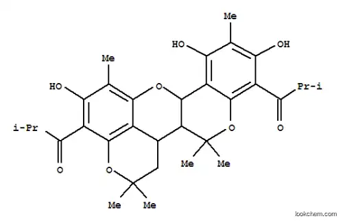 Molecular Structure of 112709-78-1 (1-Propanone,1,1'-[(7aR,13aS,13bS)-1,7a,13a,13b-tetrahydro-5,8,10-trihydroxy-2,2,6,9,13,13-hexamethyl-2H,13H-bis[1]benzopyrano[5,4-bc:3',4'-e]pyran-4,11-diyl]bis[2-methyl-,rel- (9CI))