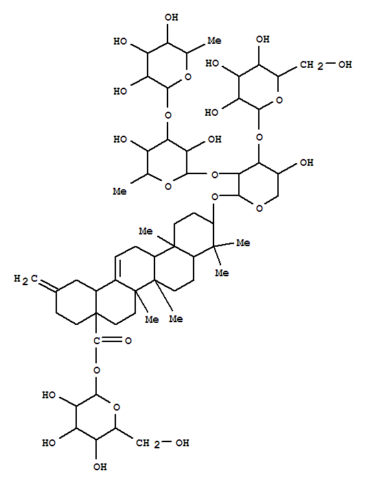 Molecular Structure of 113738-91-3 (30-Noroleana-12,20(29)-dien-28-oicacid, 3-[(O-6-deoxy-a-L-mannopyranosyl-(1®3)-O-6-deoxy-a-L-mannopyranosyl-(1®2)-O-[b-D-glucopyranosyl-(1®3)]-a-L-arabinopyranosyl)oxy]-, b-D-glucopyranosyl ester, (3b)- (9CI))