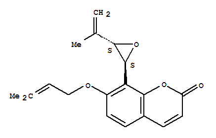 Molecular Structure of 113807-94-6 (2H-1-Benzopyran-2-one,7-[(3-methyl-2-butenyl)oxy]-8-[(2R,3R)-3-(1-methylethenyl)oxiranyl]-, rel-(9CI))