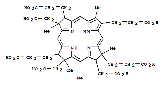 Molecular Structure of 114019-26-0 (21H,23H-Porphine-2,7,12,18-tetrapropanoicacid,8,13,17-tris(carboxymethyl)-7,8,12,13,17,18-hexahydro-3,8,13,15,18-pentamethyl-,(7S,8S,12R,13R,17S,18S)- (9CI))