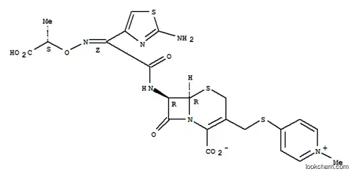 Molecular Structure of 115369-51-2 ((6S,7S)-7-{[(2E)-2-(2-amino-1,3-thiazol-4-yl)-2-{[(1S)-1-carboxyethoxy]imino}acetyl]amino}-3-{[(1-methylpyridinium-4-yl)sulfanyl]methyl}-8-oxo-5-thia-1-azabicyclo[4.2.0]oct-2-ene-2-carboxylate)