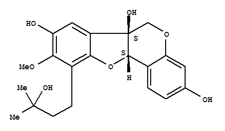 Molecular Structure of 115610-57-6 (6H-Benzofuro[3,2-c][1]benzopyran-3,6a,8(11aH)-triol,10-(3-hydroxy-3-methylbutyl)-9-methoxy-, (6aS,11aS)-)