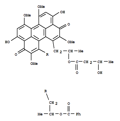 Molecular Structure of 115722-60-6 (Butanoic acid,3-hydroxy-,2-[12-[2-(benzoyloxy)propyl]-3,10-dihydro-4,9-dihydroxy-2,6,7,11-tetramethoxy-3,10-dioxo-1-perylenyl]-1-methylethylester, stereoisomer)