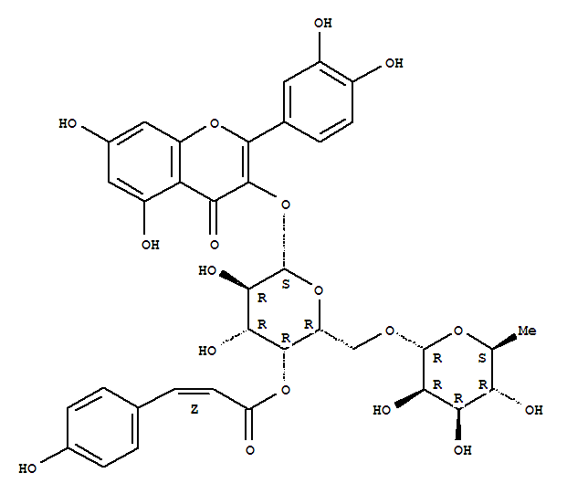 Molecular Structure of 115794-35-9 (4H-1-Benzopyran-4-one,3-[[6-O-(6-deoxy-a-L-mannopyranosyl)-4-O-[(2Z)-3-(4-hydroxyphenyl)-1-oxo-2-propen-1-yl]-b-D-galactopyranosyl]oxy]-2-(3,4-dihydroxyphenyl)-5,7-dihydroxy-)