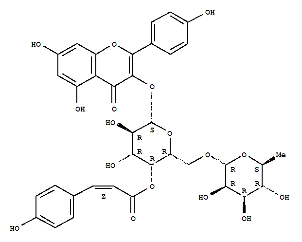 Molecular Structure of 115794-36-0 (4H-1-Benzopyran-4-one,3-[[6-O-(6-deoxy-a-L-mannopyranosyl)-4-O-[(2Z)-3-(4-hydroxyphenyl)-1-oxo-2-propen-1-yl]-b-D-galactopyranosyl]oxy]-5,7-dihydroxy-2-(4-hydroxyphenyl)-)