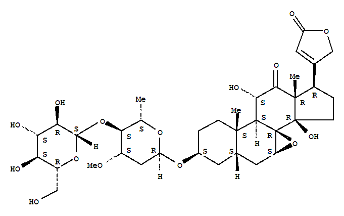Molecular Structure of 117332-57-7 (Card-20(22)-enolide,3-[(2,6-dideoxy-4-O-b-D-glucopyranosyl-3-O-methyl-a-L-arabino-hexopyranosyl)oxy]-7,8-epoxy-11,14-dihydroxy-12-oxo-, (3b,5b,7b,11a)- (9CI))