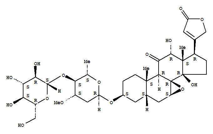 Molecular Structure of 117332-59-9 (Card-20(22)-enolide,3-[(2,6-dideoxy-4-O-b-D-glucopyranosyl-3-O-methyl-a-L-arabino-hexopyranosyl)oxy]-7,8-epoxy-12,14-dihydroxy-11-oxo-, (3b,5b,7b,12a)- (9CI))