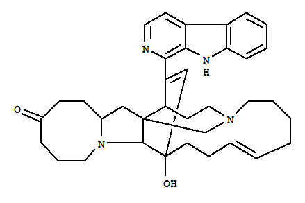 Molecular Structure of 117631-50-2 (1,13-Etheno-4,21a-methano-1H-azocino[1',2':1,5]pyrrolo[3,2-e]azacyclopentadecin-18(15H)-one,2,3,5,6,7,8,11,12,13,13a,16,17,19,20,20a,21-hexadecahydro-13-hydroxy-24-(9H-pyrido[3,4-b]indol-1-yl)-,(1R,9Z,13S,13aR,20aS,21aR)-)