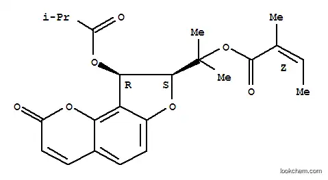 Molecular Structure of 103654-58-6 (2-Butenoic acid,2-methyl-,1-[(8S,9R)-8,9-dihydro-9-(2-methyl-1-oxopropoxy)-2-oxo-2H-furo[2,3-h]-1-benzopyran-8-yl]-1-methylethylester, (2Z)-)