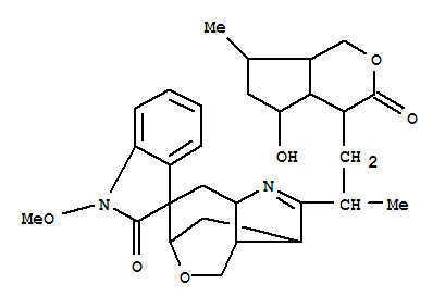 Molecular Structure of 120090-58-6 (Spiro[3H-indole-3,7'(6'H)-[3,6]methano[3H]oxepino[4,3-b]pyrrol]-2(1H)-one,3'a,4',8',8'a-tetrahydro-1-methoxy-2'-[(1S)-1-methyl-2-[(4R,4aS,5S,7S,7aR)-octahydro-5-hydroxy-7-methyl-3-oxocyclopenta[c]pyran-4-yl]ethyl]-,(3S,3'R,3'aS,6'R,8'aS)- (9CI))
