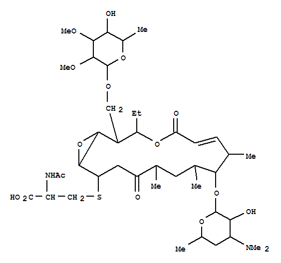 Molecular Structure of 121842-65-7 (L-Cysteine,N-acetyl-S-[(1S,2R,3R,6E,8S,9S,10S,12R,16R)-2-[[(6-deoxy-2,3-di-O-methyl-b-D-allopyranosyl)oxy]methyl]-3-ethyl-8,10,12-trimethyl-5,13-dioxo-9-[[3,4,6-trideoxy-3-(dimethylamino)-b-D-xylo-hexopyranosyl]oxy]-4,17-dioxabicyclo[14.1.0]heptadec-6-en-15-yl]-(9CI))