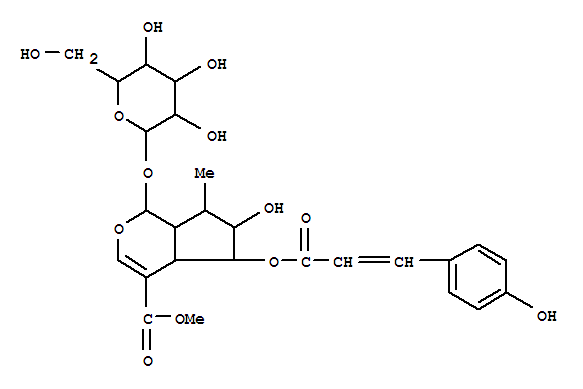 Molecular Structure of 123135-16-0 (Cyclopenta[c]pyran-4-carboxylicacid, 1-(b-D-glucopyranosyloxy)-1,4a,5,6,7,7a-hexahydro-6-hydroxy-5-[[(2E)-3-(4-hydroxyphenyl)-1-oxo-2-propenyl]oxy]-7-methyl-,methyl ester, (1S,4aS,5S,6R,7R,7aR)- (9CI))