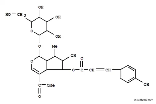 Molecular Structure of 123135-16-0 (Cyclopenta[c]pyran-4-carboxylicacid, 1-(b-D-glucopyranosyloxy)-1,4a,5,6,7,7a-hexahydro-6-hydroxy-5-[[(2E)-3-(4-hydroxyphenyl)-1-oxo-2-propenyl]oxy]-7-methyl-,methyl ester, (1S,4aS,5S,6R,7R,7aR)- (9CI))