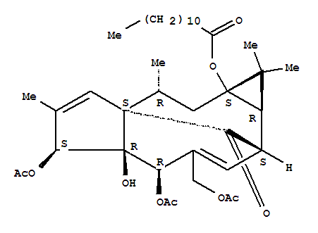 Molecular Structure of 135883-26-0 (Dodecanoic acid,(1aR,2S,5R,5aR,6S,8aS,9R,10aS)-5,6-bis(acetyloxy)-4-[(acetyloxy)methyl]-1,1a,2,5,5a,6,9,10-octahydro-5a-hydroxy-1,1,7,9-tetramethyl-11-oxo-10aH-2,8a-methanocyclopenta[a]cyclopropa[e]cyclodecen-10a-ylester)
