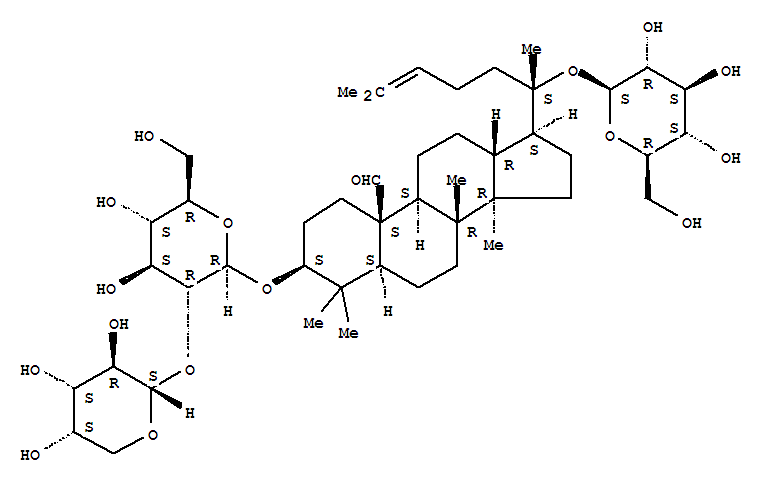 Molecular Structure of 141358-46-5 (Dammar-24-en-19-al,3-[(2-O-a-L-arabinopyranosyl-b-D-glucopyranosyl)oxy]-20-(b-D-glucopyranosyloxy)-, (3b)- (9CI))