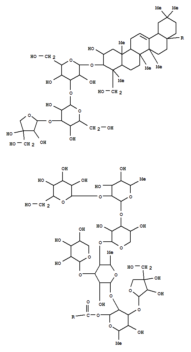 Molecular Structure of 128023-20-1 (Olean-12-en-28-oicacid, 3-[(O-D-apio-b-D-furanosyl-(1®3)-O-b-D-glucopyranosyl-(1®3)-b-D-glucopyranosyl)oxy]-2,23-dihydroxy-, O-D-apio-b-D-furanosyl-(1®3)-O-[O-b-D-galactopyranosyl-(1®2)-O-6-deoxy-a-L-mannopyranosyl-(1®3)-O-b-D-xylopyranosyl-(1®4)-O-[b-D-xylopyranosyl-(1®3)]-6-deoxy-a-L-mannopyranosyl-(1®2)]-6-deoxy-b-D-glucopyranosyl ester, (2b,3b,4a)-)