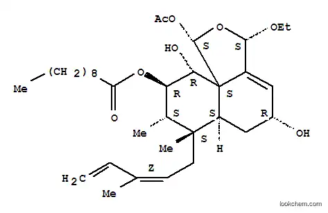 Molecular Structure of 133535-78-1 (Decanoic acid,(1S,3S,5R,6aS,7R,8S,9R,10R,10aS)-1-(acetyloxy)-3-ethoxy-3,5,6,6a,7,8,9,10-octahydro-5,10-dihydroxy-7,8-dimethyl-7-[(2Z)-3-methyl-2,4-pentadien-1-yl]-1H-naphtho[1,8a-c]furan-9-ylester)