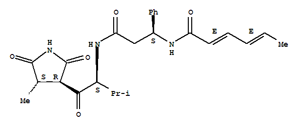 Molecular Structure of 155233-31-1 (Benzenepropanamide,N-[(1S)-2-methyl-1-[[(3R,4S)-4-methyl-2,5-dioxo-3-pyrrolidinyl]carbonyl]propyl]-b-[[(2E,4E)-1-oxo-2,4-hexadien-1-yl]amino]-,(bS)-)