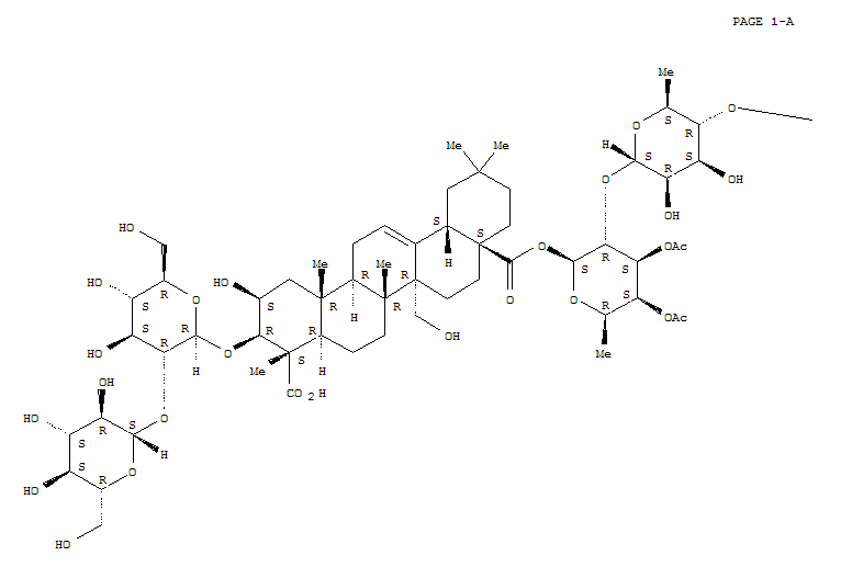 Molecular Structure of 167394-72-1 (Olean-12-ene-23,28-dioicacid, 3-[(2-O-b-D-glucopyranosyl-b-D-glucopyranosyl)oxy]-2,27-dihydroxy-,28-(O-b-D-galactopyranosyl-(1®4)-O-b-D-xylopyranosyl-(1®4)-O-6-deoxy-a-L-mannopyranosyl-(1®2)-3,4-di-O-acetyl-6-deoxy-b-D-galactopyranosyl) ester, (2b,3b,4a)- (9CI))