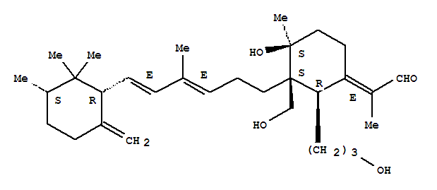 Molecular Structure of 168400-01-9 (Propanal,2-[(2R,3S,4S)-4-hydroxy-3-(hydroxymethyl)-2-(3-hydroxypropyl)-4-methyl-3-[(3E,5E)-4-methyl-6-[(1R,3S)-2,2,3-trimethyl-6-methylenecyclohexyl]-3,5-hexadien-1-yl]cyclohexylidene]-,(2E)-)