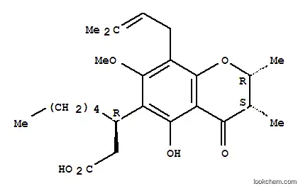 Molecular Structure of 17230-59-0 (2H-1-Benzopyran-6-propanoicacid,3,4-dihydro-5-hydroxy-7-methoxy-2,3-dimethyl-8-(3-methyl-2-buten-1-yl)-4-oxo-b-pentyl-, (bR,2R,3S)-)