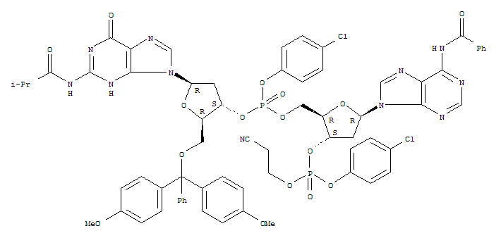 3'-Adenylic acid,5'-O-[bis(4-methoxyphenyl)phenylmethyl]-P-(4-chlorophenyl)-2'-deoxy-N-(2-methyl-1-oxopropyl)guanylyl-(3'®5')-N-benzoyl-2'-deoxy-,4-chlorophenyl 2-cyanoethyl ester (9CI)