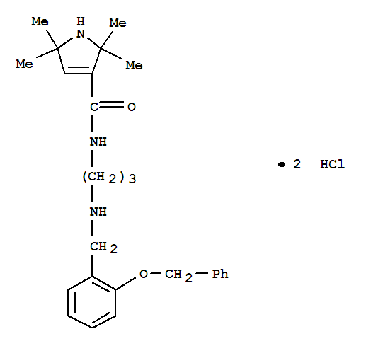 Molecular Structure of 102131-95-3 (1H-Pyrrole-3-carboxamide,2,5-dihydro-2,2,5,5-tetramethyl-N-[3-[[[2-(phenylmethoxy)phenyl]methyl]amino]propyl]-,hydrochloride (1:2))