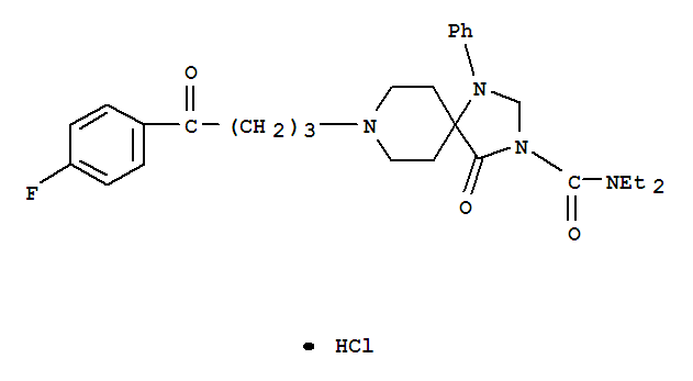 Molecular Structure of 102395-19-7 (1,3,8-Triazaspiro[4.5]decane-3-carboxamide,N,N-diethyl-8-[4-(4-fluorophenyl)-4-oxobutyl]-4-oxo-1-phenyl-, hydrochloride(1:1))