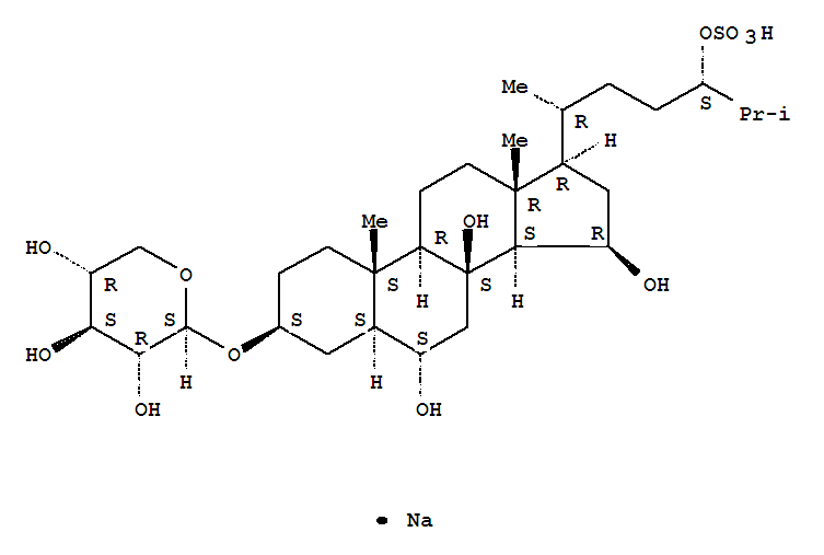 Molecular Structure of 117585-45-2 (Cholestane-6,8,15,24-tetrol,3-(b-D-xylopyranosyloxy)-,24-(hydrogen sulfate), monosodium salt, (3b,5a,6a,15b,24S)- (9CI))