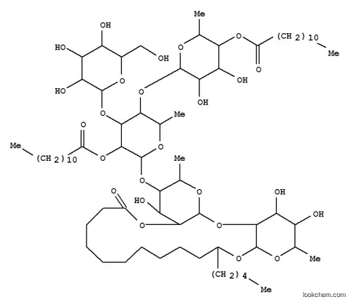 Molecular Structure of 120552-53-6 (Hexadecanoic acid,11-[[O-6-deoxy-4-O-(1-oxododecyl)-a-L-mannopyranosyl-(1®4)-O-[b-D-glucopyranosyl-(1®3)]-O-6-deoxy-2-O-(1-oxododecyl)-a-L-mannopyranosyl-(1®4)-O-6-deoxy-a-L-mannopyranosyl-(1®2)-6-deoxy-b-D-galactopyranosyl]oxy]-,intramol. 1,2''-ester, (11S)- (9CI))