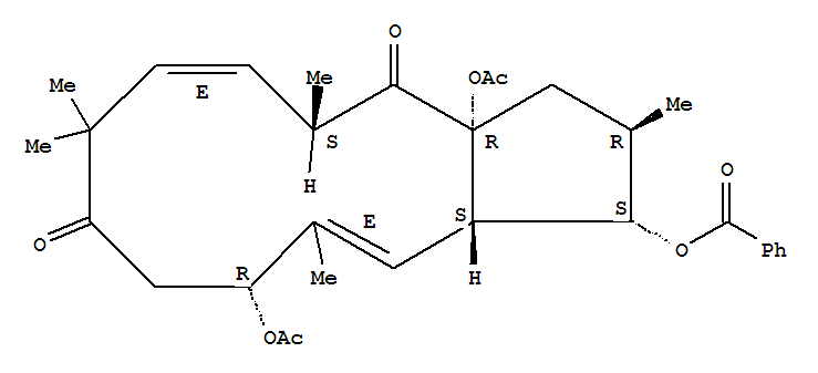 Molecular Structure of 126372-47-2 (1H-Cyclopentacyclododecene-4,9-dione,3a,11-bis(acetyloxy)-1-(benzoyloxy)-2,3,3a,5,8,10,11,13a-octahydro-2,5,8,8,12-pentamethyl-,(1S,2R,3aR,5S,6E,11R,12E,13aS)-)