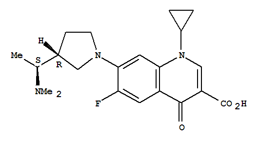 Molecular Structure of 143383-48-6 (3-Quinolinecarboxylicacid,1-cyclopropyl-7-[3-[1-(dimethylamino)ethyl]-1-pyrrolidinyl]-6-fluoro-1,4-dihydro-4-oxo-,[S-(R*,S*)]- (9CI))