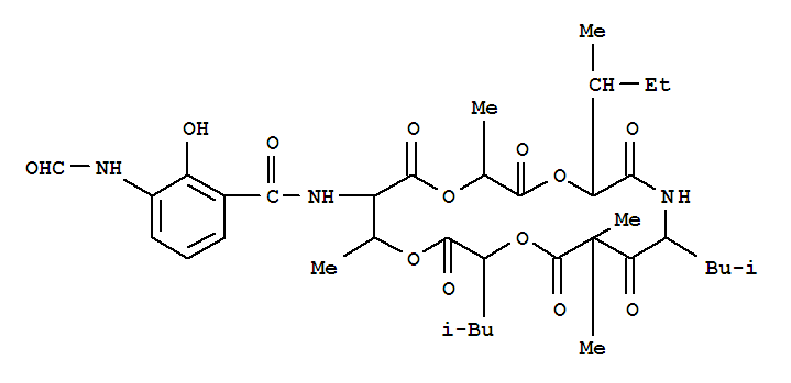 Molecular Structure of 149598-67-4 (Benzamide,3-(formylamino)-2-hydroxy-N-[(2S,5S,8S,13S,16R,17S)-2,10,10,16-tetramethyl-5-[(1S)-1-methylpropyl]-8,13-bis(2-methylpropyl)-3,6,9,11,14,18-hexaoxo-1,4,12,15-tetraoxa-7-azacyclooctadec-17-yl]-)