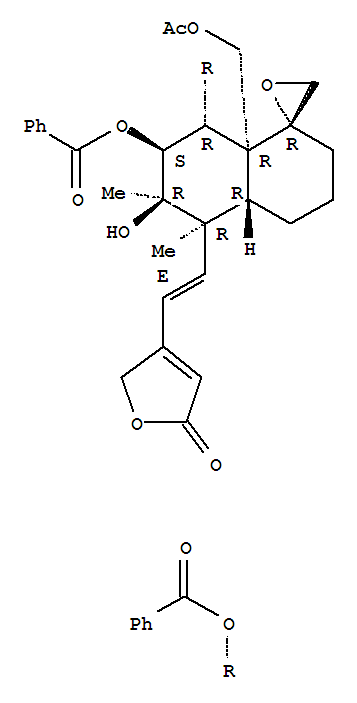 Molecular Structure of 156338-92-0 (2(5H)-Furanone,4-[(1E)-2-[(1R,4aR,5R,6R,7S,8R,8aR)-8a-[(acetyloxy)methyl]-7,8-bis(benzoyloxy)octahydro-6-hydroxy-5,6-dimethylspiro[naphthalene-1(2H),2'-oxiran]-5-yl]ethenyl]-)