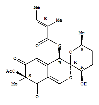 Molecular Structure of 162558-88-5 (2-Butenoic acid,2-methyl-,(2'R,3'R,4R,6'S,7S)-7-(acetyloxy)-3',4,4',5',6,6',7,8-octahydro-3'-hydroxy-6',7-dimethyl-6,8-dioxospiro[3H-2-benzopyran-3,2'-[2H]pyran]-4-ylester, (2E)-)