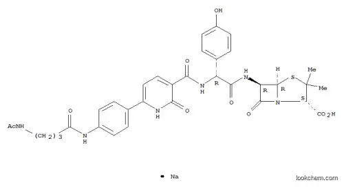 Molecular Structure of 76880-59-6 (4-Thia-1-azabicyclo[3.2.0]heptane-2-carboxylicacid,6-[[[[[6-[4-[[4-(acetylamino)-1-oxobutyl]amino]phenyl]-1,2-dihydro-2-oxo-3-pyridinyl]carbonyl]amino](4-hydroxyphenyl)acetyl]amino]-3,3-dimethyl-7-oxo-,monosodium salt, [2S-[2a,5a,6b(S*)]]- (9CI))
