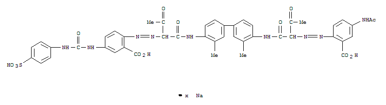 Benzoic acid,2-[[1-[[[4'-[[2-[[4-(acetylamino)-2-carboxyphenyl]azo]-1,3-dioxobutyl]amino]-3,3'-dimethyl[1,1'-biphenyl]-4-yl]amino]carbonyl]-2-oxopropyl]azo]-5-[[[(4-sulfophenyl)amino]carbonyl]amino]-,
