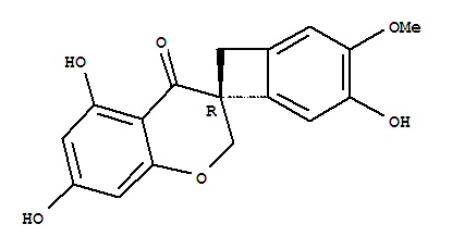 Molecular Structure of 99877-68-6 (Spiro[2H-1-benzopyran-3(4H),7'-bicyclo[4.2.0]octa[1,3,5]trien]-4-one,4',5,7-trihydroxy-3'-methoxy-, (3R)- (9CI))