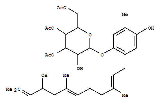 Molecular Structure of 100665-52-9 (a-D-Altropyranoside,4-hydroxy-2-[(2E,6E)-9-hydroxy-3,7,11-trimethyl-2,6,10-dodecatrienyl]-5-methylphenyl,3,4,6-triacetate (9CI))