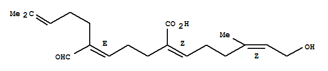 Molecular Structure of 100668-27-7 (5,9-Undecadienoic acid,6-formyl-2-[(4Z)-6-hydroxy-4-methyl-4-hexen-1-ylidene]-10-methyl-, (2Z,5E)-)