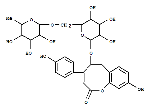 Molecular Structure of 100692-52-2 (2H-1-Benzoxocin-2-one,5-[[6-O-(6-deoxy-a-L-mannopyranosyl)-b-D-glucopyranosyl]oxy]-5,6-dihydro-9-hydroxy-4-(4-hydroxyphenyl)-)