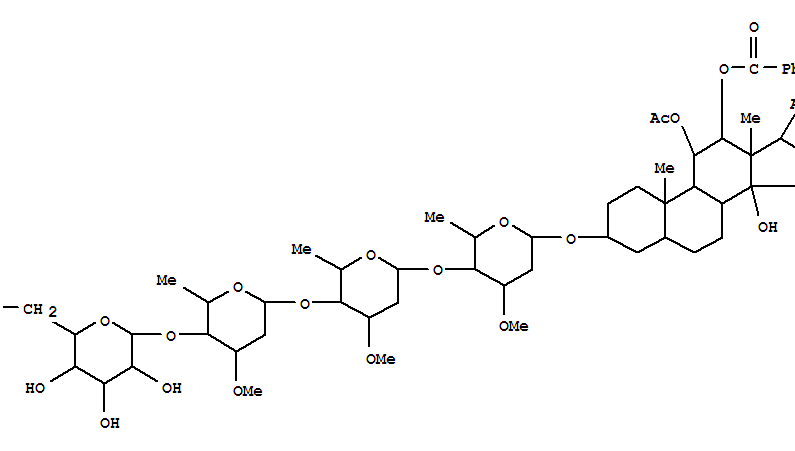 Molecular Structure of 100694-58-4 (Pregnan-20-one,11-(acetyloxy)-12-(benzoyloxy)-3-[(O-b-D-glucopyranosyl-(1®4)-O-2,6-dideoxy-3-O-methyl-a-L-ribo-hexopyranosyl-(1®4)-O-2,6-dideoxy-3-O-methyl-b-D-ribo-hexopyranosyl-(1®4)-2,6-dideoxy-3-O-methyl-b-D-ribo-hexopyranosyl)oxy]-14-hydroxy-,(3b,5a,11a,12b,14b)- (9CI))