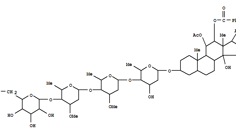 Molecular Structure of 100694-60-8 (Pregnan-20-one,11-(acetyloxy)-12-(benzoyloxy)-3-[(O-b-D-glucopyranosyl-(1®4)-O-2,6-dideoxy-3-O-methyl-a-L-ribo-hexopyranosyl-(1®4)-O-2,6-dideoxy-3-O-methyl-b-D-ribo-hexopyranosyl-(1®4)-2,6-dideoxy-b-D-ribo-hexopyranosyl)oxy]-14-hydroxy-,(3b,5a,11a,12b,14b)- (9CI))