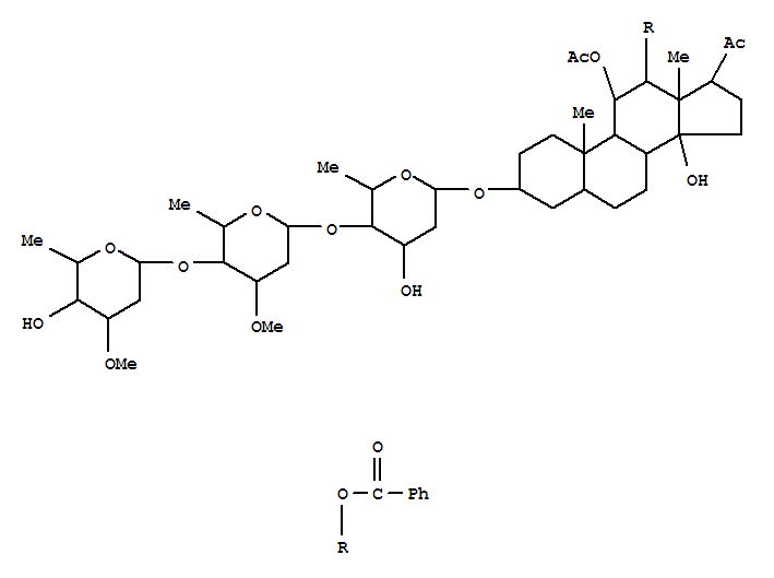 Molecular Structure of 100694-63-1 (Pregnan-20-one,11-(acetyloxy)-12-(benzoyloxy)-3-[(O-2,6-dideoxy-3-O-methyl-a-L-ribo-hexopyranosyl-(1®4)-O-2,6-dideoxy-3-O-methyl-b-D-ribo-hexopyranosyl-(1®4)-2,6-dideoxy-b-D-ribo-hexopyranosyl)oxy]-14-hydroxy-,(3b,5a,11a,12b,14b)- (9CI))