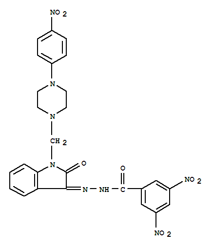 Molecular Structure of 100696-26-2 (Benzoic acid,3,5-dinitro-,2-[1,2-dihydro-1-[[4-(4-nitrophenyl)-1-piperazinyl]methyl]-2-oxo-3H-indol-3-ylidene]hydrazide)