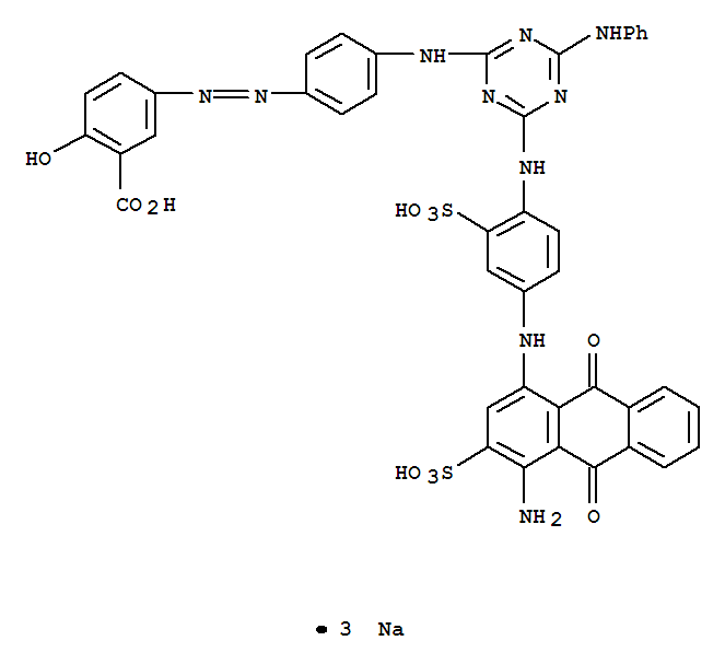 Benzoic acid, 5-4-4-4-(4-amino-9,10-dihydro-9,10-dioxo-3-sulfo-1-anthracenyl)amino-2-sulfophenylamino-6-(phenylamino)-1,3,5-triazin-2-ylaminophenylazo-2-hydroxy-, trisodium salt