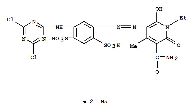 1,3-Benzenedisulfonicacid,4-[2-[5-(aminocarbonyl)-1-ethyl-1,6-dihydro-2-hydroxy-4-methyl-6-oxo-3-pyridinyl]diazenyl]-6-[(4,6-dichloro-1,3,5-triazin-2-yl)amino]-,sodium salt (1:2)(70865-29-1)