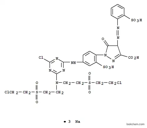 Molecular Structure of 94021-08-6 (trisodium 1-[4-[[4-[bis[2-[(2-chloroethyl)sulphonyl]ethyl]amino]-6-chloro-1,3,5-triazin-2-yl]amino]-2-sulphonatophenyl]-4,5-dihydro-5-oxo-4-[(2-sulphonatophenyl)azo]-1H-pyrazole-3-carboxylate)
