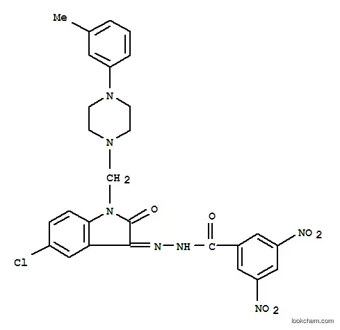Molecular Structure of 100757-10-6 (Benzoic acid,3,5-dinitro-,2-[5-chloro-1,2-dihydro-1-[[4-(3-methylphenyl)-1-piperazinyl]methyl]-2-oxo-3H-indol-3-ylidene]hydrazide)