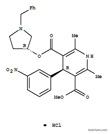 Molecular Structure of 101930-04-5 (3,5-Pyridinedicarboxylic acid, 1,4-dihydro-2,6-dimethyl-4-(3-nitrophenyl)-, methyl 1-(phenylmethyl)-3-pyrrolidinyl ester, monohydrochloride, (R*,R*)-(+-)-)